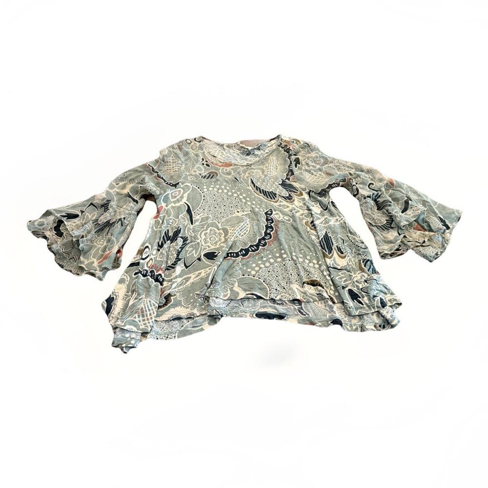 Paper Womens Gray Floral Print Long Sleeve Top 100% Silk Shirt Size XS *Flaws*